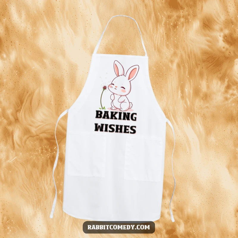 Funny rabbit apron showing a cute bunny gently blowing a fluffy dandelion seed, perfect for a whimsical cooking experience.