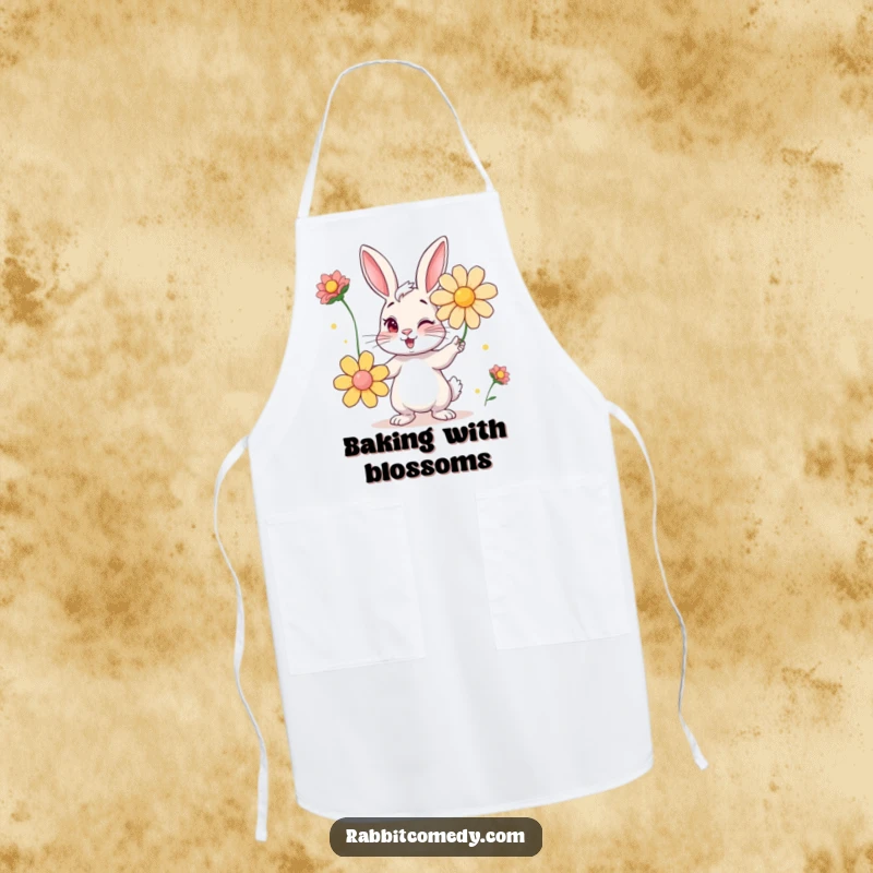 Funny apron with a mischievous winking rabbit juggling large, colorful flowers, bringing humor to culinary tasks.