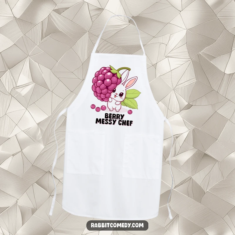 Funny apron with a cartoon rabbit peeking with shock from behind a massive, unstable berry, designed for kitchen use and humor.