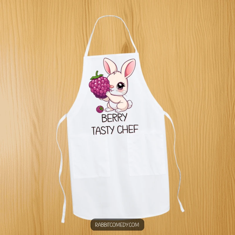 Funny Apron showcasing a rabbit with oversized, curious eyes nibbling a giant berry, ideal for a fun kitchen.