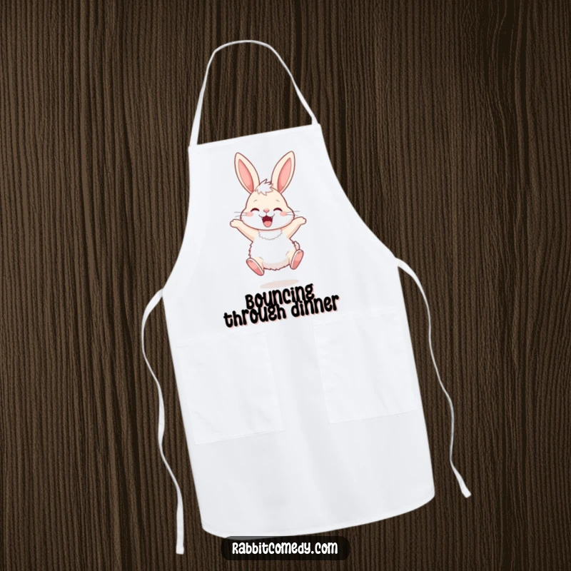 Funny Apron showcasing a fluffy rabbit with long ears hopping ecstatically, perfect for a happy and messy cooking experience.