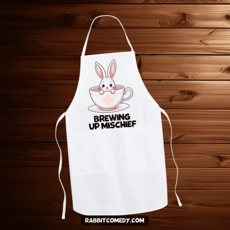 Funny rabbit apron with a curious bunny peeking from a giant teacup, perfect for adding a touch of whimsy to kitchen tasks.
