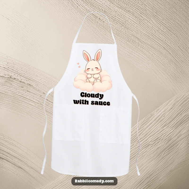 Funny rabbit apron showing a rabbit contentedly sighing amidst soft clouds, perfect for humorous and peaceful kitchen tasks.