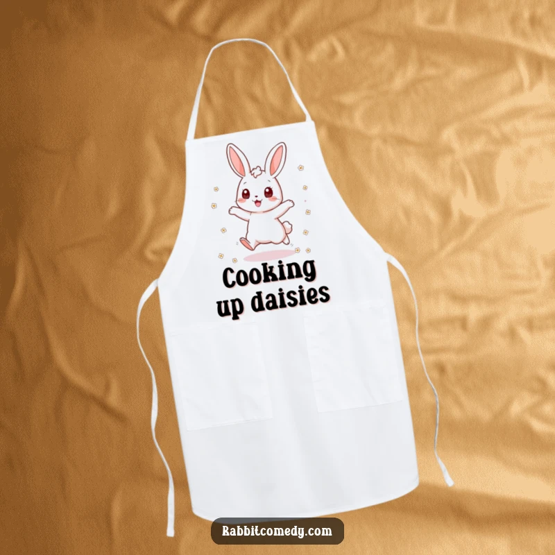 Funny rabbit apron with an excited bunny jumping and scattering flowers, perfect for adding a touch of springtime joy to kitchen tasks.