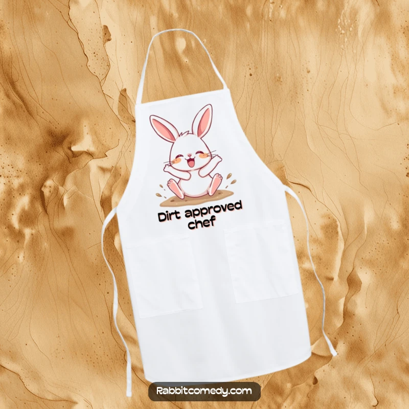 Funny Apron showcasing a rabbit character joyfully digging with its hind legs kicking up, ideal for a fun kitchen.