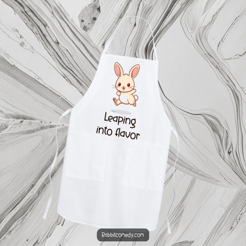 Funny rabbit apron featuring a determined bunny heroically jumping over a tiny, sparkling dewdrop, ready for kitchen fun.