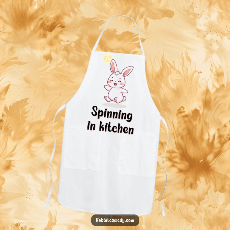 Funny apron with a gleeful cartoon rabbit spinning under a sparkling, glittery moon, designed for kitchen use with a touch of enchantment.