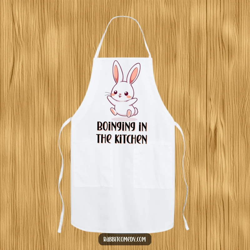 Funny kawaii rabbit apron, showing a cute bunny playfully boinging mid-air, ready for kitchen duty. Humorous and practical.