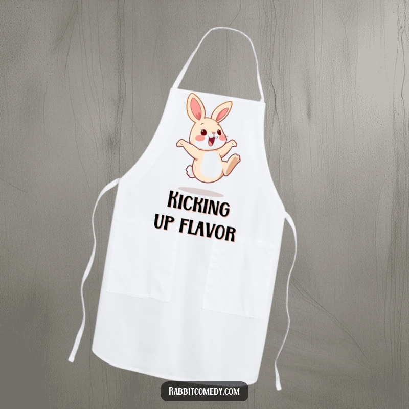 Funny rabbit apron showing a happy bunny kicking its back legs high in the air, bringing playful energy to cooking tasks.