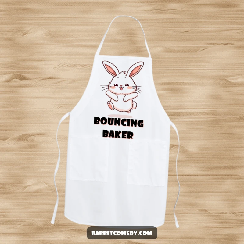 Funny rabbit apron featuring a fluffy character mid-hop with joyful bounce and twitching ears, adding whimsical fun to meal prep.