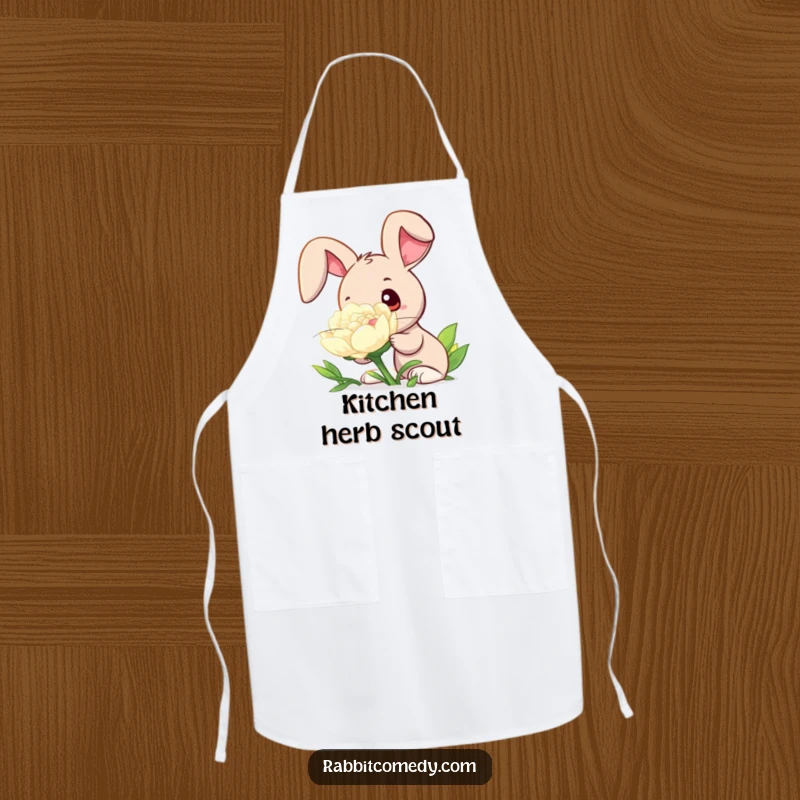 Funny apron showcasing a rabbit with wide, inquisitive eyes sniffing a giant, dew-kissed clover, adding charm to your kitchen attire.