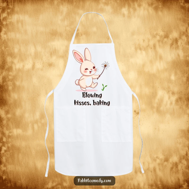 Funny rabbit character comically chasing a floating dandelion seed while cooking, adding whimsical fun to this humorous apron.