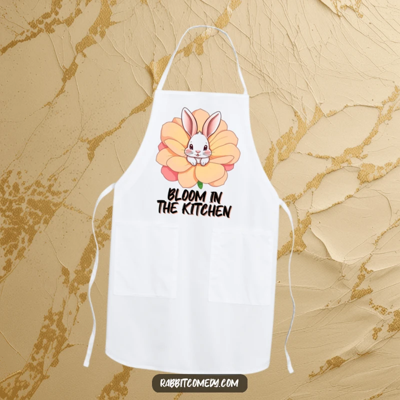 Funny rabbit peeking from a giant, colorful flower while cooking, adding whimsical fun to this humorous apron.