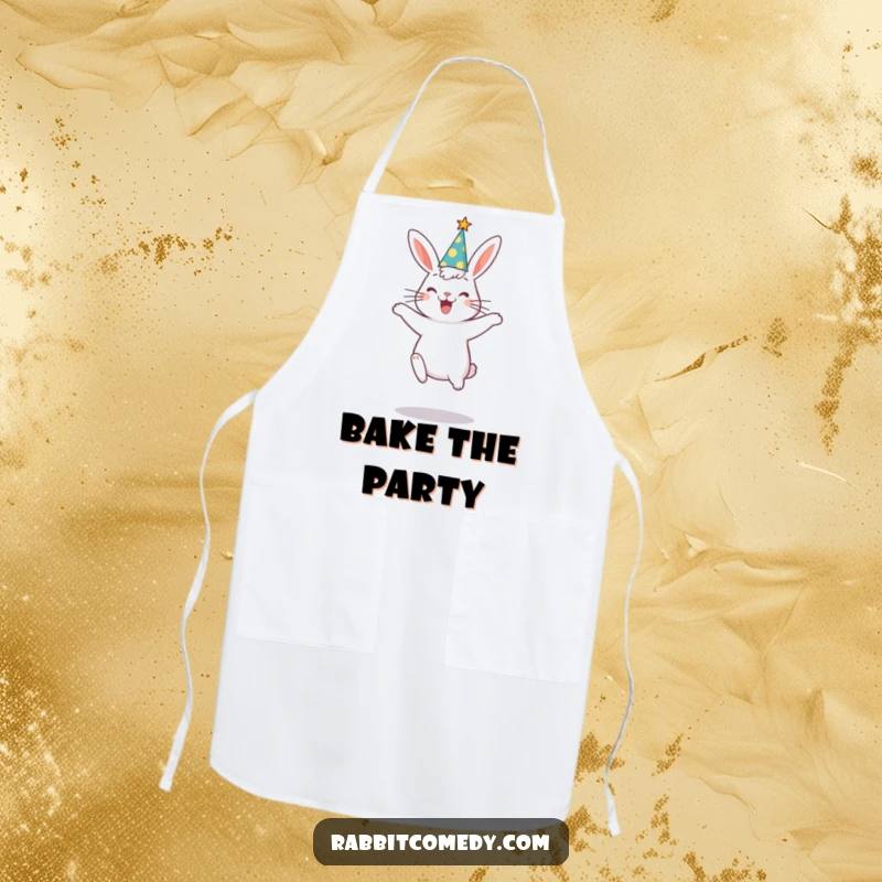 Funny rabbit in a party hat doing a comical jump while cooking, adding festive fun to this humorous kitchen apron.
