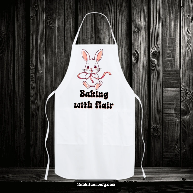 Funny rabbit character twirling a colorful ribbon with its paws on a kitchen apron, bringing playful charm