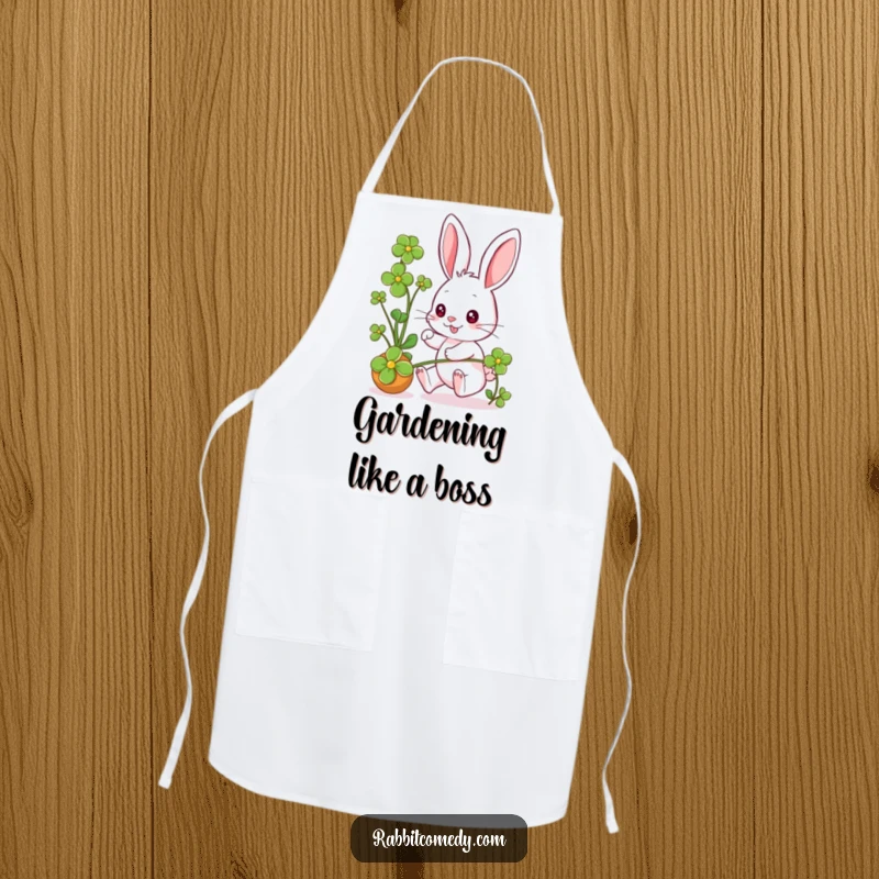 Funny rabbit character in energetic pursuit of a rolling clover, eyes bright, adorning this practical kitchen apron.