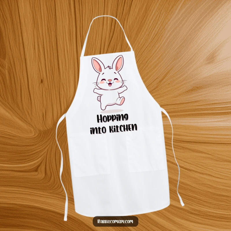 Funny apron featuring a rabbit with a twitching nose performing a silly, energetic hop while cooking.