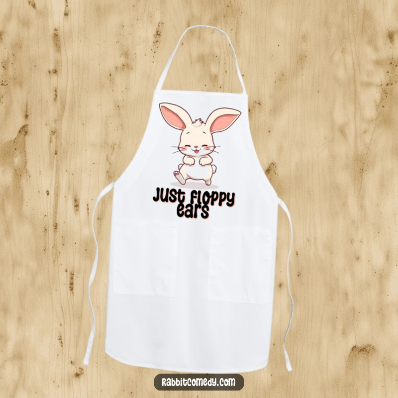 Funny apron with a cartoon rabbit comically stumbling, its large floppy ears bouncing, designed for kitchen use and lighthearted humor.