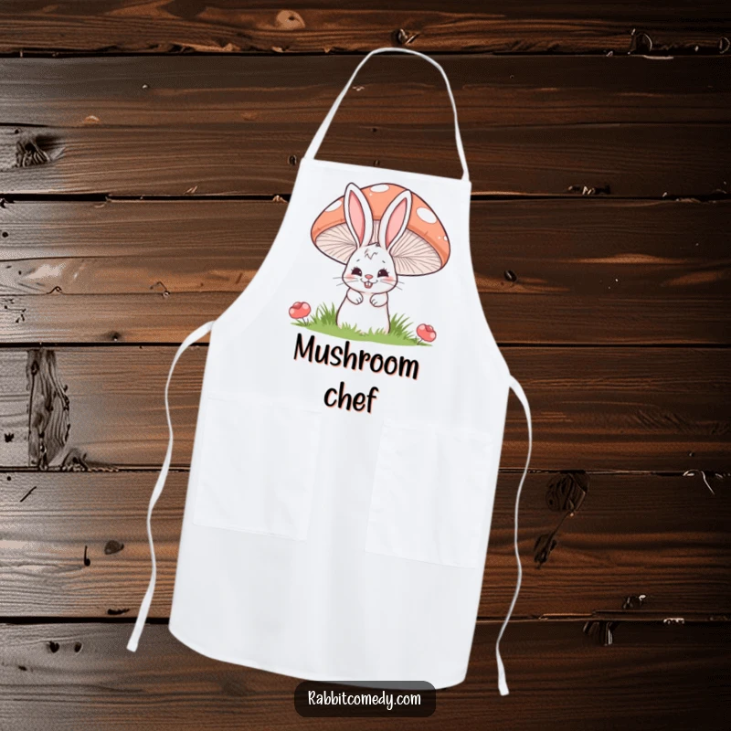 Funny apron showcasing a cartoon rabbit with a mischievous grin peeking from behind a large, striped mushroom.