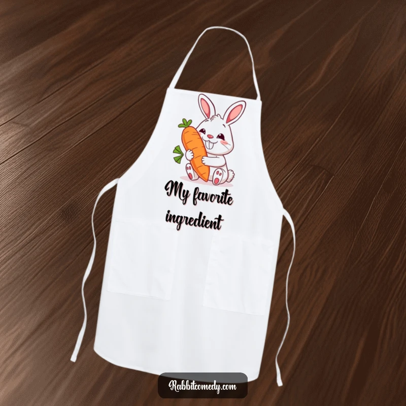 Funny rabbit apron with a grinning bunny holding a giant, smiling carrot, perfect for adding a touch of humor to cooking.