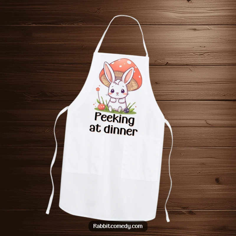 Funny rabbit apron showing a cute bunny peeking from behind a large mushroom, perfect for a magical cooking experience.