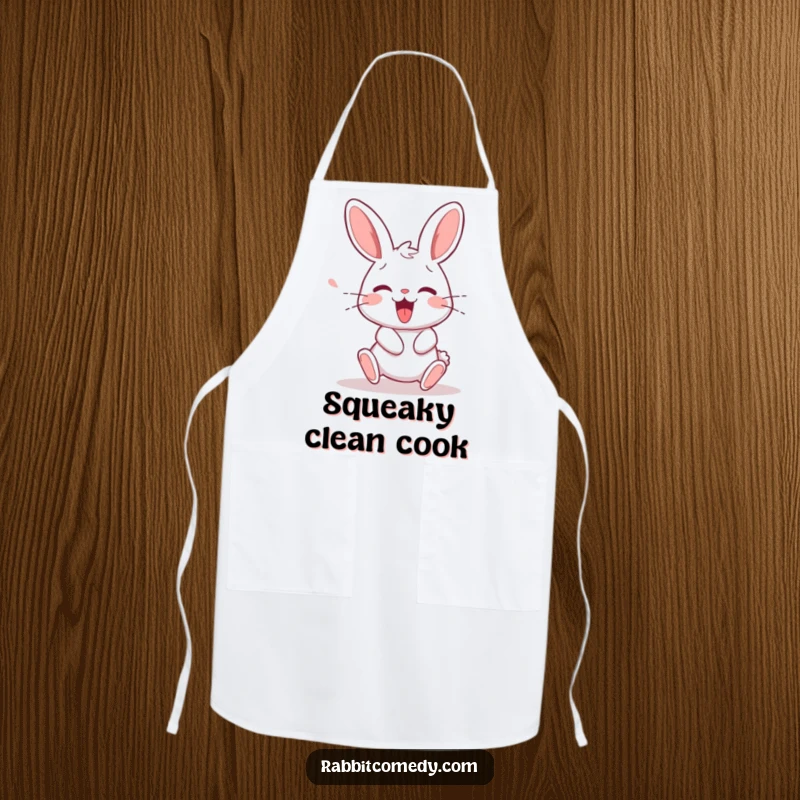 Funny rabbit character stumbling then squeaking with delight upon recovery, featured on a humorous and practical kitchen apron.