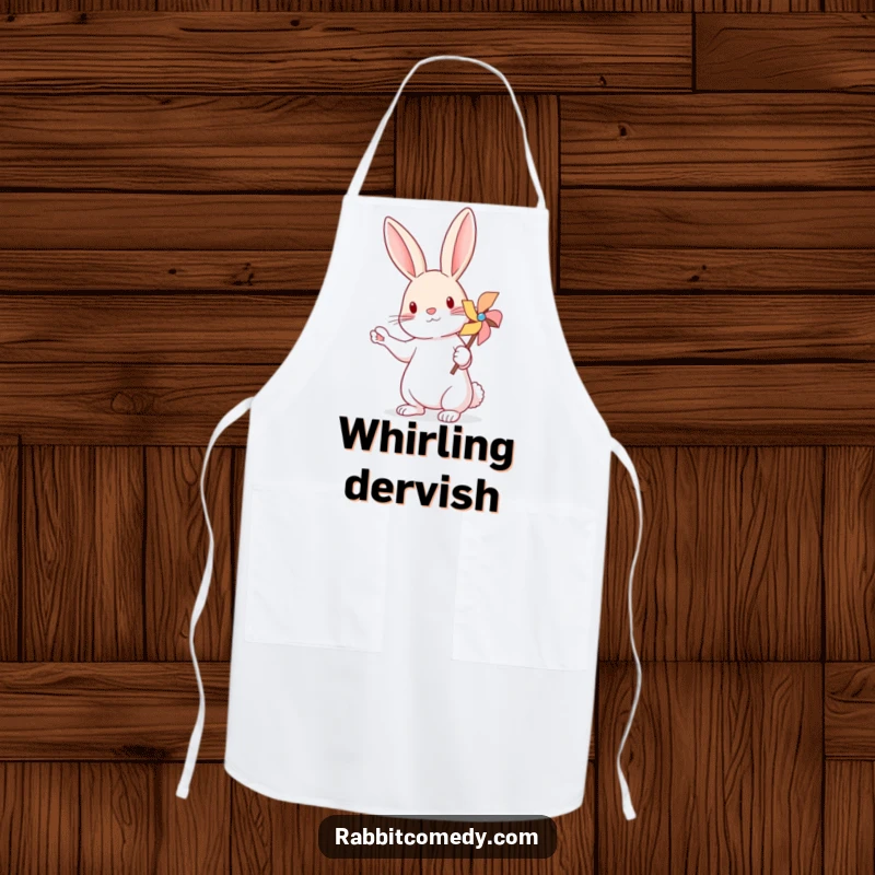 Funny Rabbit Pinwheel Kitchen Apron: A humorous apron depicting a rabbit balancing a tiny, spinning pinwheel.