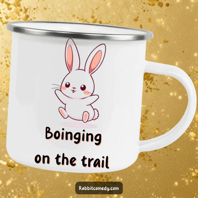 Funny kawaii rabbit camping mug, showing a cute bunny boinging mid-air. Durable and humorous drinkware for outdoor enthusiasts.