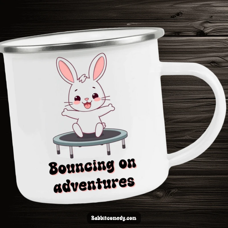 Funny rabbit camping mug featuring a bunny excitedly bouncing on a trampoline, perfect for energetic outdoor enthusiasts.