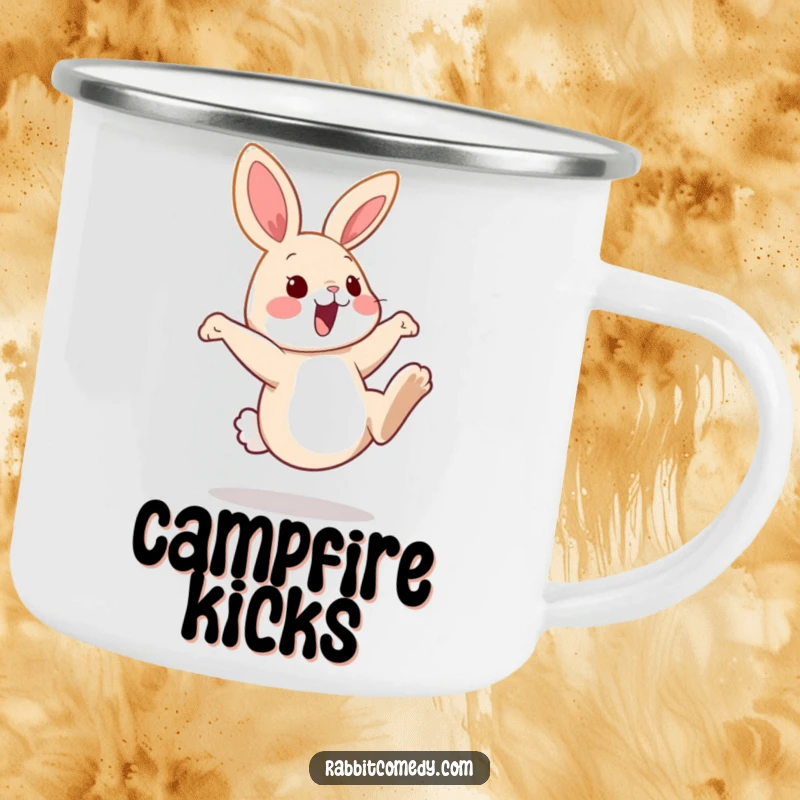 Funny rabbit camping mug showing a happy bunny kicking its back legs high, ready for outdoor fun with a playful spirit.