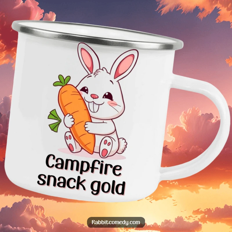 Funny rabbit camping mug with a grinning bunny holding a giant, smiling carrot, perfect for enjoying beverages outdoors with a cheerful vibe.