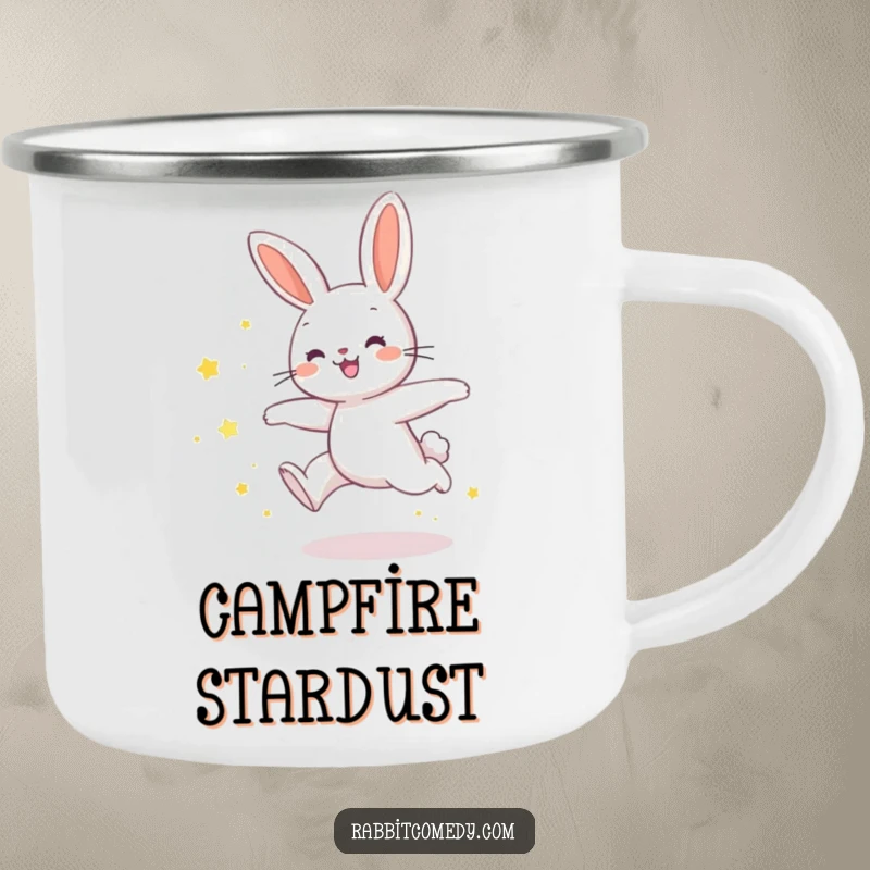 Funny rabbit camping mug showing a rabbit joyfully leaping, leaving a trail of shimmering star dust, ideal for humorous magical adventures.