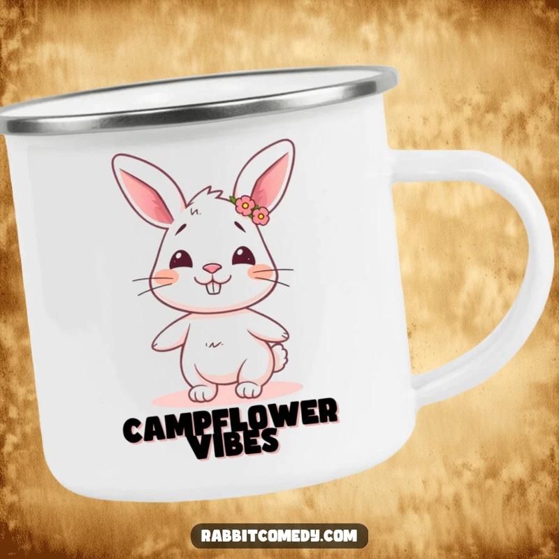 Funny rabbit camping mug showing a goofy rabbit with a flower crown, twirling with humorous delight, ideal for whimsical adventures.