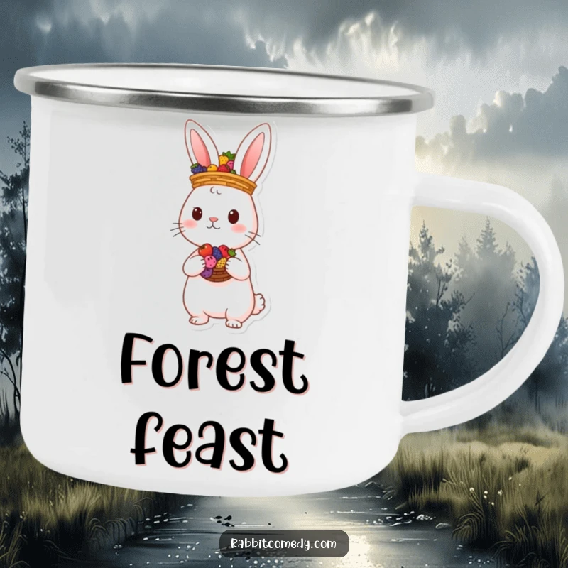 Funny rabbit character balancing a basket of colorful berries on its head on an enamel camping mug, for whimsical outdoor use