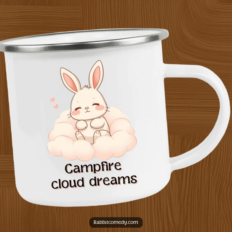 Funny rabbit camping mug showing a rabbit contentedly sighing amidst soft clouds, ideal for humorous outdoor relaxation.