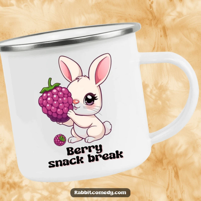 Funny Camping Mug showing a rabbit with oversized, curious eyes nibbling a giant berry, great for outdoor enjoyment.