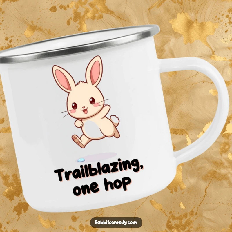 Funny rabbit camping mug showing a determined bunny hopping over a sparkling dewdrop, ideal for humorous outdoor trips.