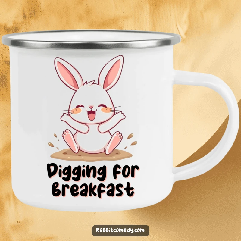 Funny Camping Mug showing a rabbit character joyfully digging with its hind legs kicking up, great for outdoor enjoyment.