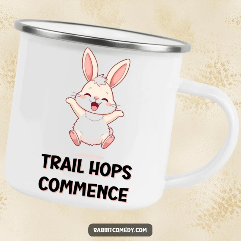 Funny Camping Mug showing a fluffy rabbit with long ears hopping ecstatically, ready for outdoor fun and cheerful drinks.