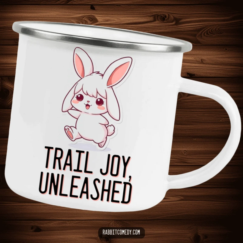 Funny rabbit camping mug with a cute bunny with floppy ears joyfully hopping, perfect for enjoying drinks in nature with a smile.