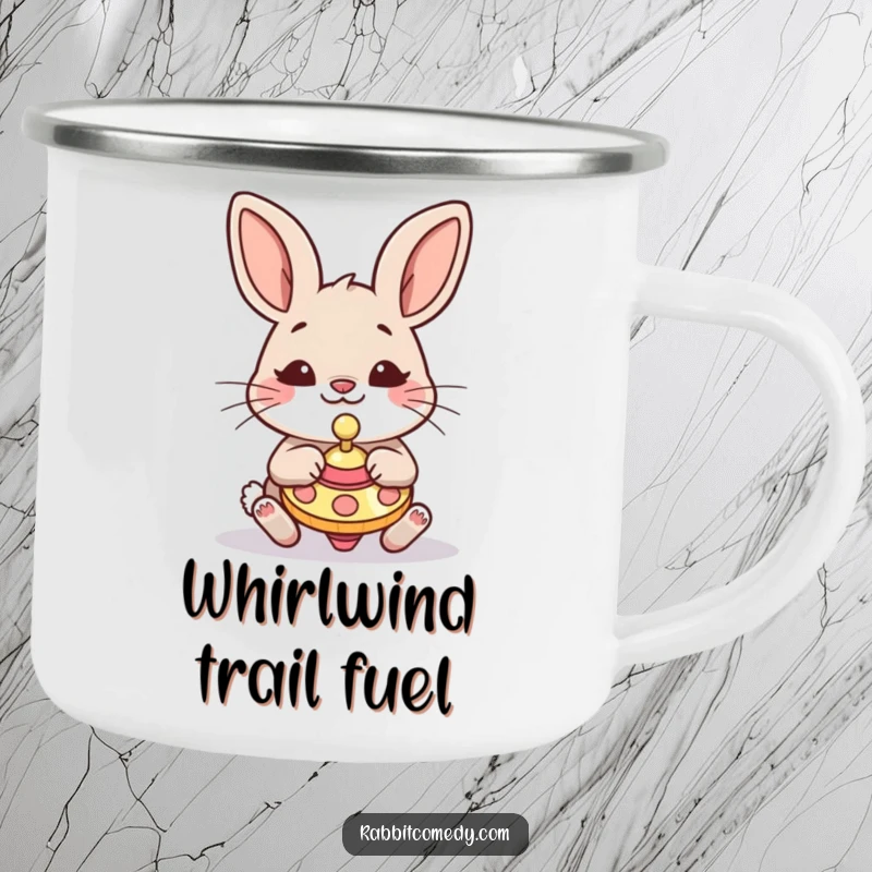 Funny Rabbit Camping Mug: A silly rabbit with a comical expression plays with a spinning top, ready for outdoor adventures.