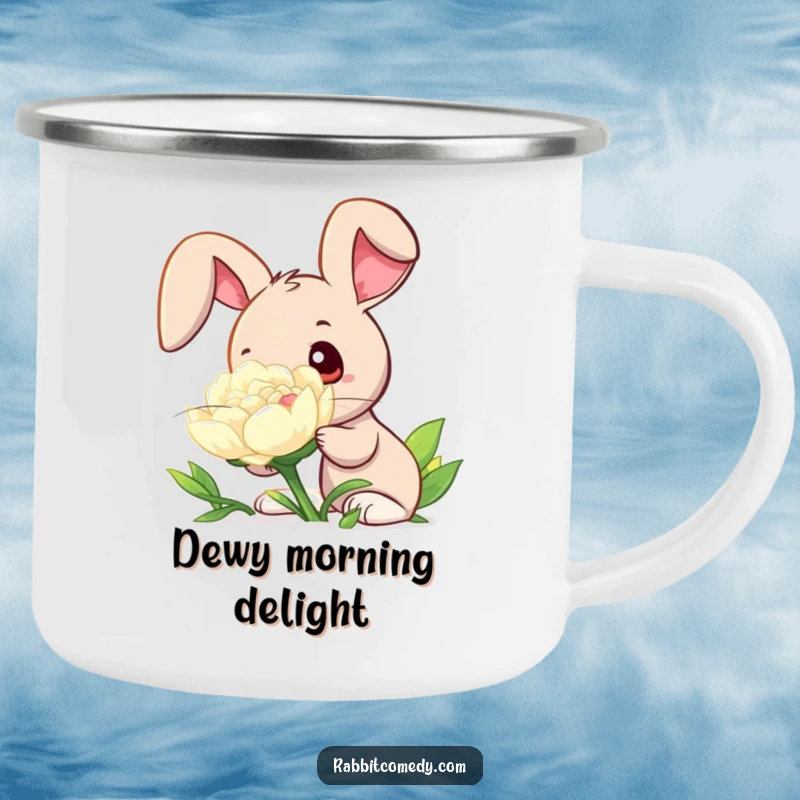 Funny camping mug showing a rabbit with wide, curious eyes sniffing a giant, dew-kissed clover, bringing nature's wonder to your travels.
