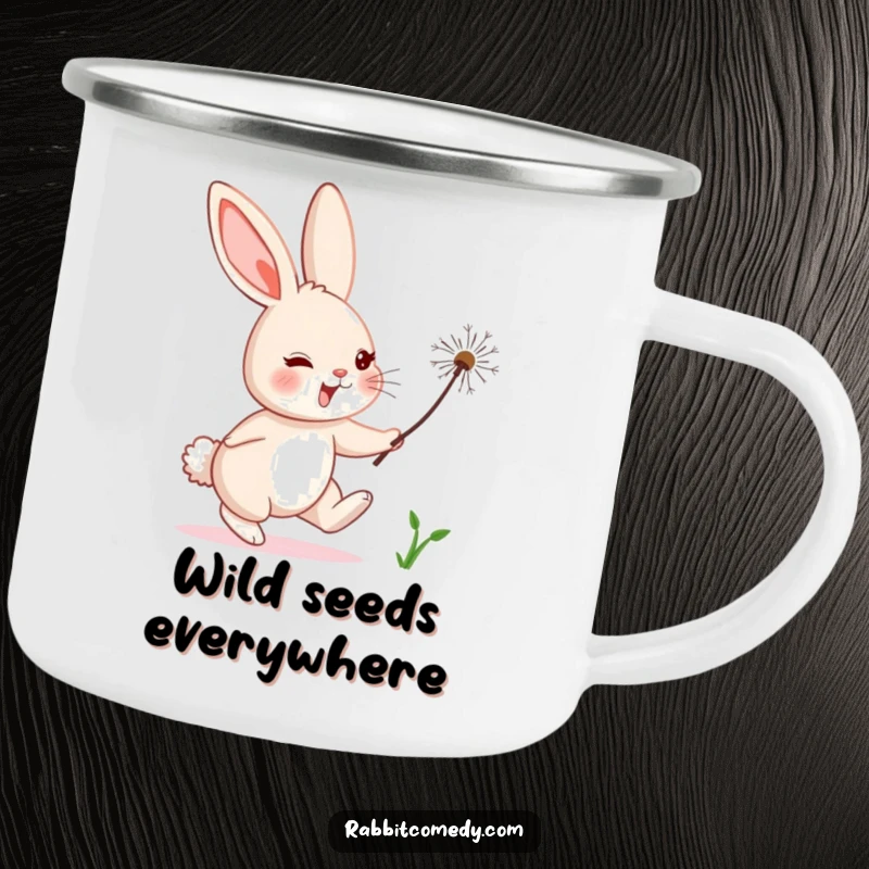 Funny rabbit character comically chasing a floating dandelion seed, perfect for outdoor sipping on this camping mug.
