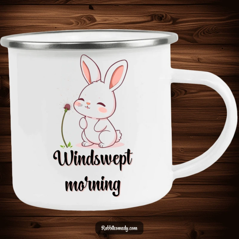 Funny rabbit camping mug showing a cute bunny gently blowing a fluffy dandelion seed, perfect for nature explorations.