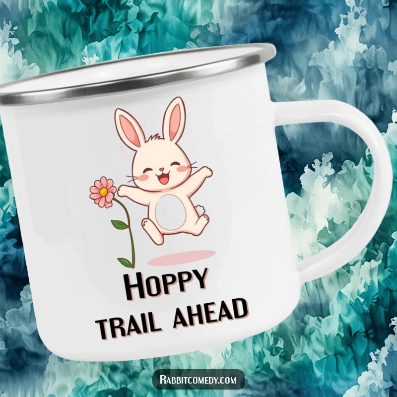 Funny rabbit camping mug featuring a bunny leaping with a flower, perfect for outdoor enthusiasts who love cute designs.