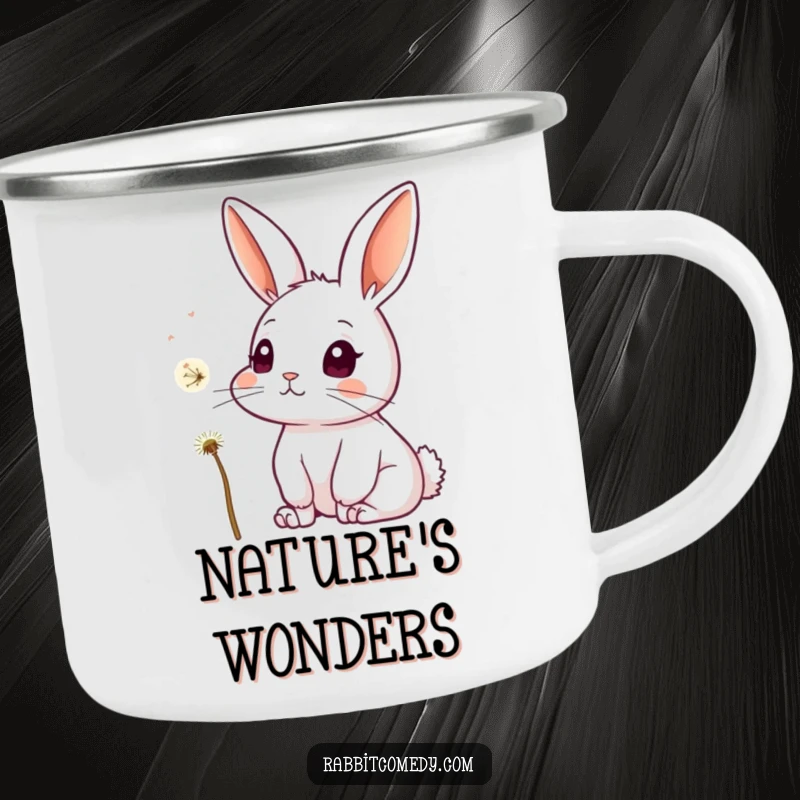 Funny camping mug with a curious rabbit, ears perked, watching a single dandelion seed gracefully float by during an outdoor adventure.