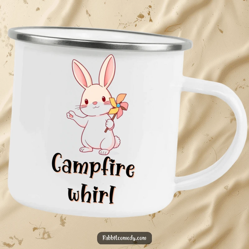 Funny Rabbit Pinwheel Camping Mug: Enamel mug showing a rabbit balancing a small, spinning pinwheel on its paw.