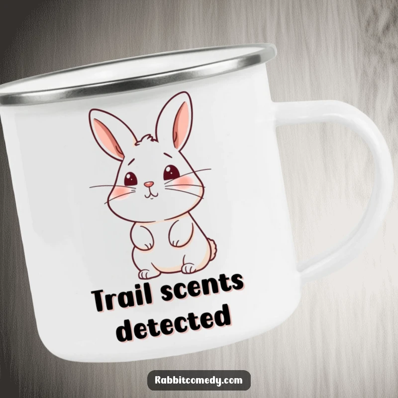 Funny rabbit camping mug featuring a bunny with twitching whiskers sniffing the air, perfect for outdoor enthusiasts.