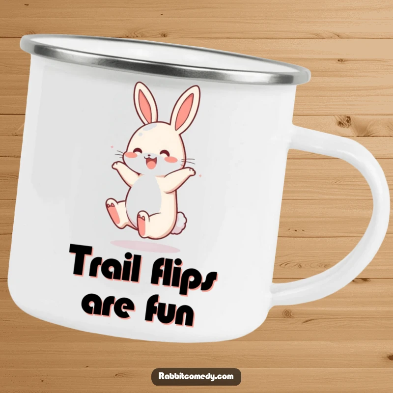 Funny Rabbit Somersault Camping Mug: A durable mug shows a rabbit performing a joyful somersault with a bouncing tail, perfect for outdoor fun.