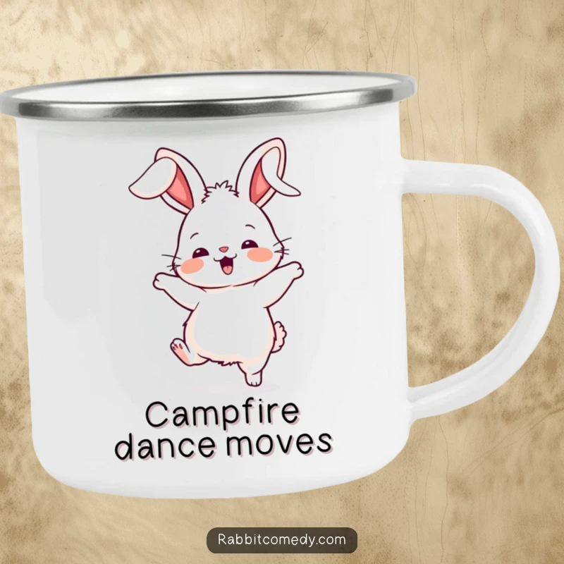 Funny rabbit camping mug, showing a fluffy character doing a silly dance with its ears flopping wildly, perfect for outdoor fun.